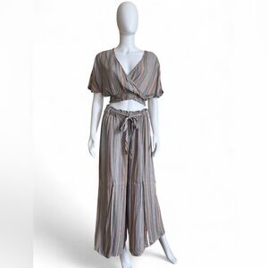 Angie Striped Two Piece Crop Top & Wide Leg Pants Set | Size Small